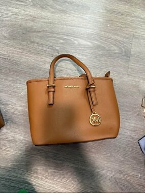 Michael Kors Tan Leather Satchel with Gold Logo Charm